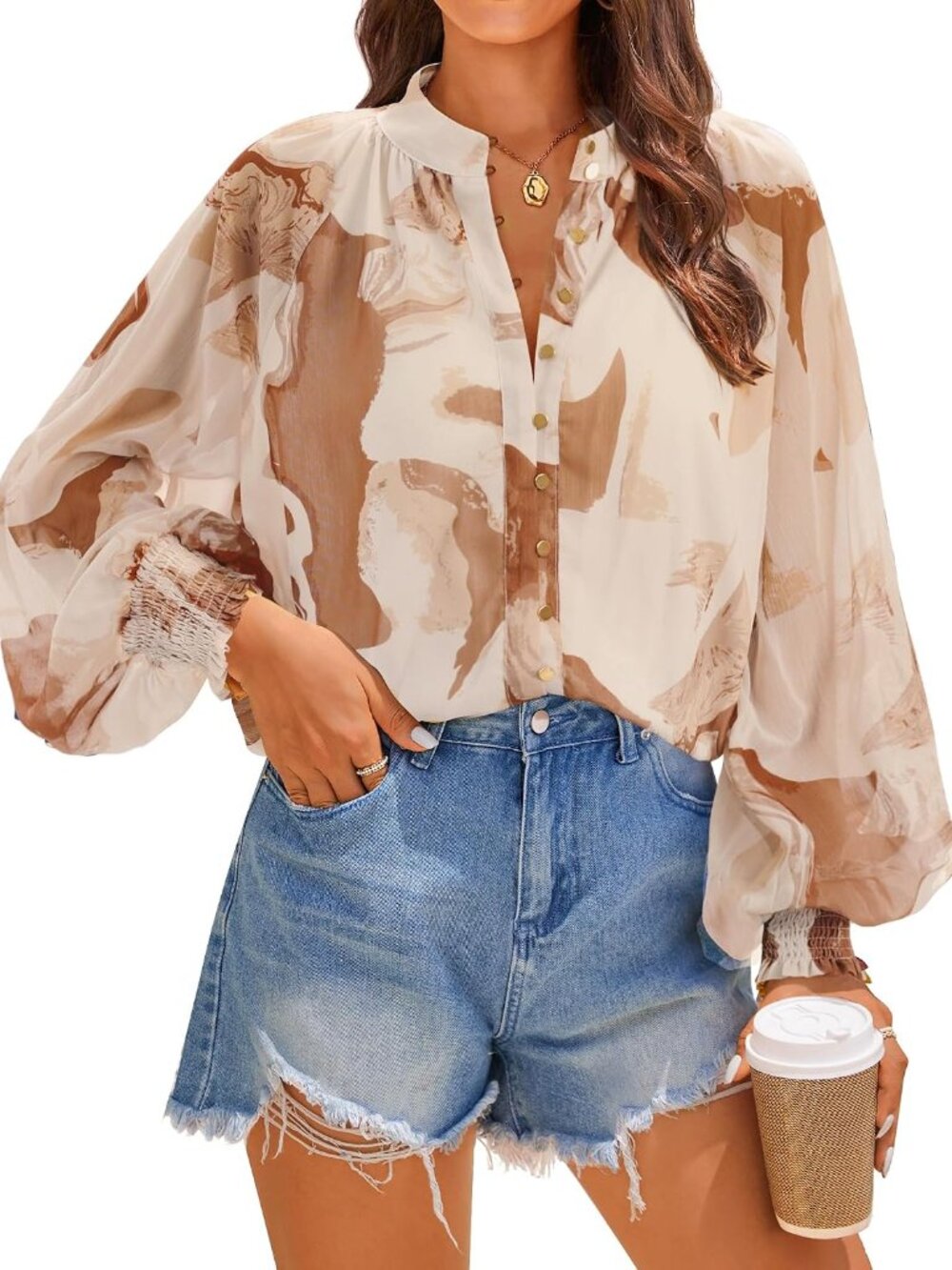 Womens Floral Print Long Sleeve Button Down Boho Top